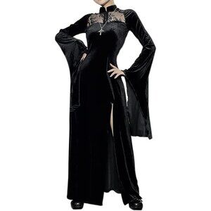 Women Halloween Costumes Black Dress Long Flare Sleeve Witch Costume